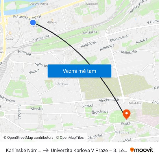 Karlínské Náměstí (B) to Univerzita Karlova V Praze – 3. Lékařská Fakulta map