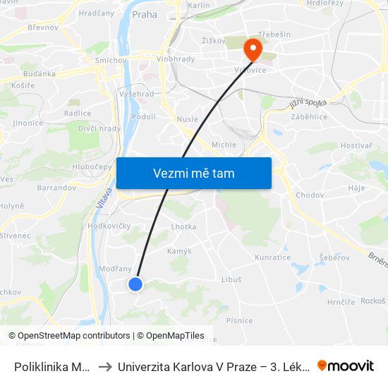 Poliklinika Modřany to Univerzita Karlova V Praze – 3. Lékařská Fakulta map