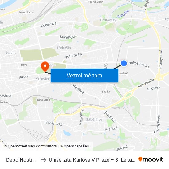 Depo Hostivař (L) to Univerzita Karlova V Praze – 3. Lékařská Fakulta map