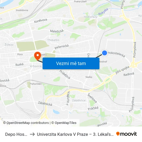Depo Hostivař to Univerzita Karlova V Praze – 3. Lékařská Fakulta map