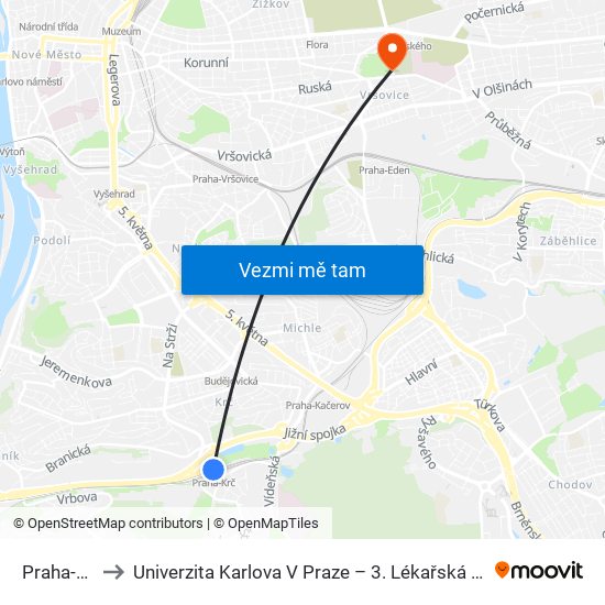 Praha-Krč to Univerzita Karlova V Praze – 3. Lékařská Fakulta map