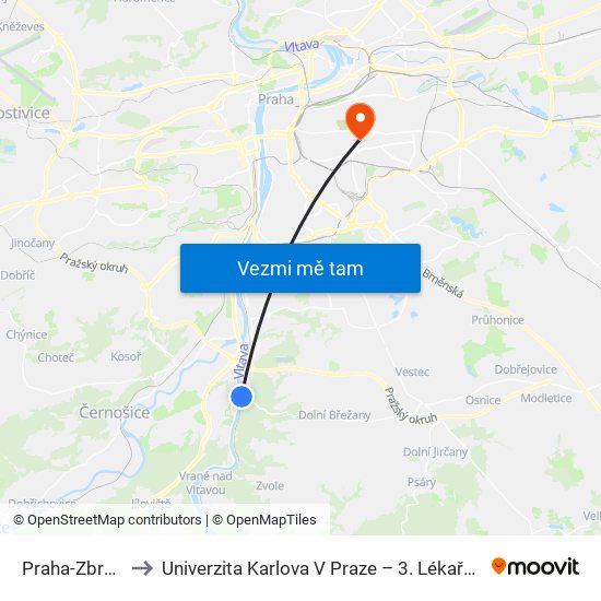Praha-Zbraslav to Univerzita Karlova V Praze – 3. Lékařská Fakulta map