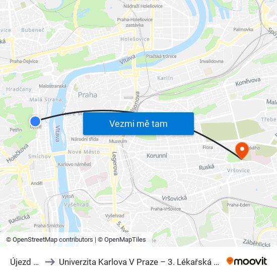 Újezd (A) to Univerzita Karlova V Praze – 3. Lékařská Fakulta map