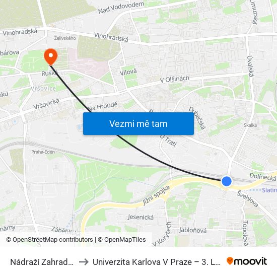 Nádraží Zahradní Město (B) to Univerzita Karlova V Praze – 3. Lékařská Fakulta map