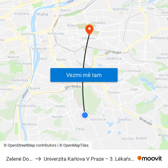 Zelené Domky to Univerzita Karlova V Praze – 3. Lékařská Fakulta map