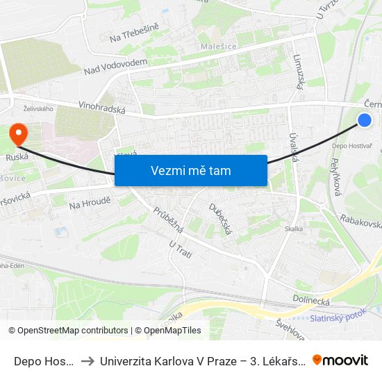 Depo Hostivař to Univerzita Karlova V Praze – 3. Lékařská Fakulta map