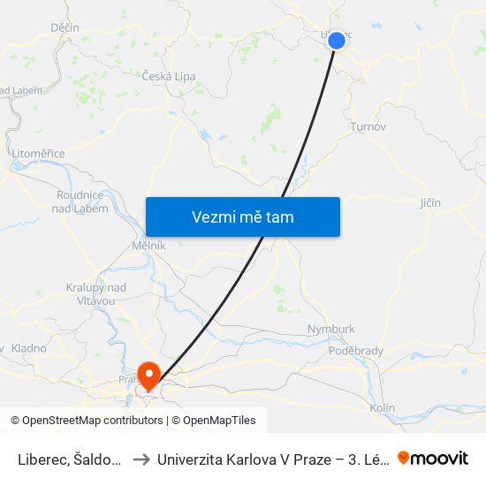 Liberec, Šaldovo Nám. to Univerzita Karlova V Praze – 3. Lékařská Fakulta map