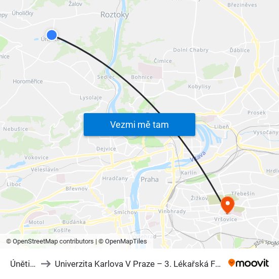 Únětice to Univerzita Karlova V Praze – 3. Lékařská Fakulta map