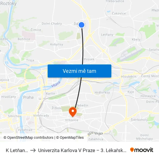 K Letňanům to Univerzita Karlova V Praze – 3. Lékařská Fakulta map