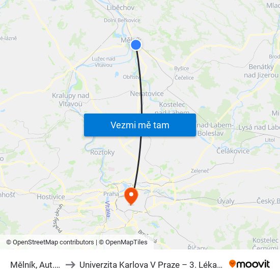 Mělník, Aut.Nádr. to Univerzita Karlova V Praze – 3. Lékařská Fakulta map