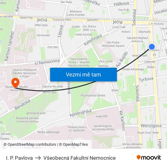 I. P. Pavlova to Všeobecná Fakultní Nemocnice map