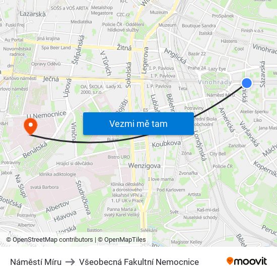 Náměstí Míru to Všeobecná Fakultní Nemocnice map