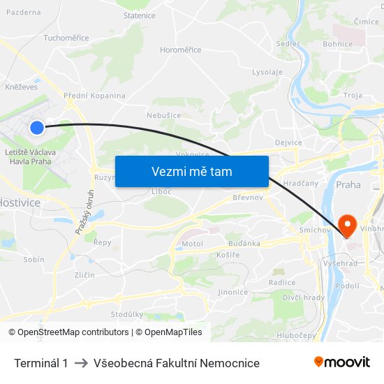 Terminál 1 to Všeobecná Fakultní Nemocnice map