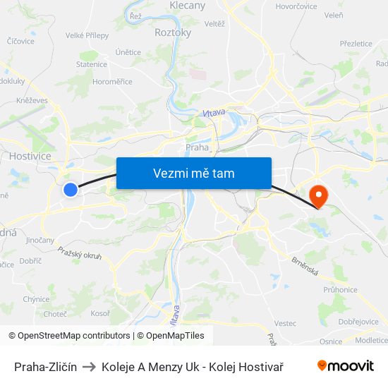 Praha-Zličín to Koleje A Menzy Uk - Kolej Hostivař map