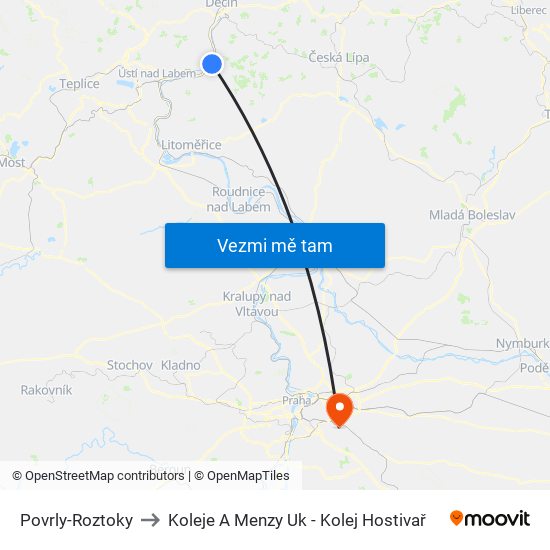 Povrly-Roztoky to Koleje A Menzy Uk - Kolej Hostivař map