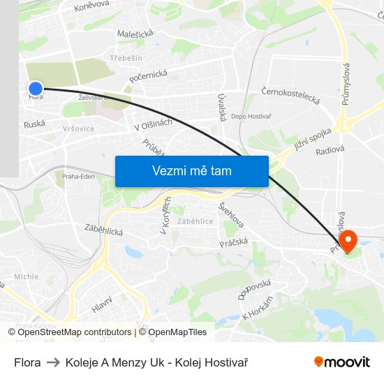 Flora to Koleje A Menzy Uk - Kolej Hostivař map