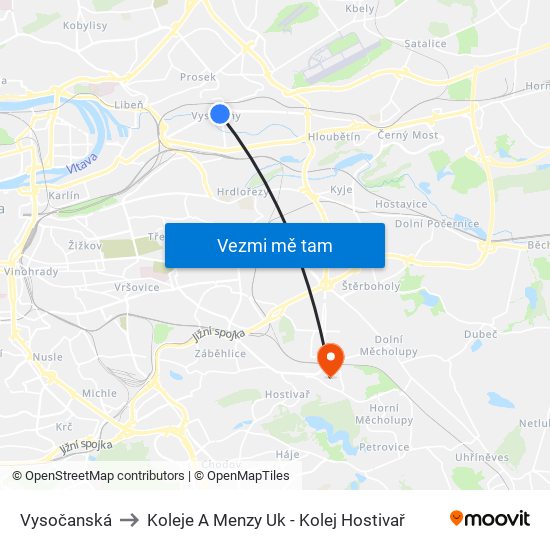 Vysočanská to Koleje A Menzy Uk - Kolej Hostivař map