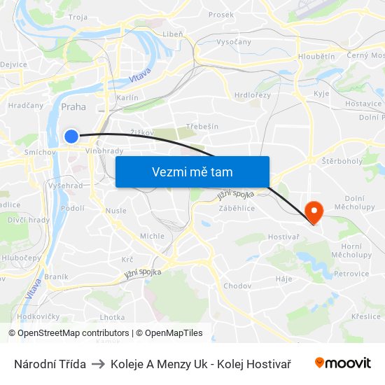 Národní Třída to Koleje A Menzy Uk - Kolej Hostivař map