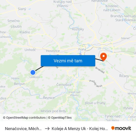 Nenačovice, Měchurka to Koleje A Menzy Uk - Kolej Hostivař map