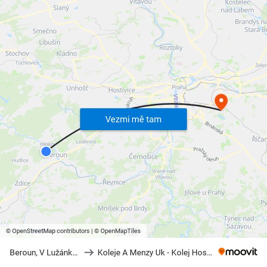 Beroun, V Lužánkách to Koleje A Menzy Uk - Kolej Hostivař map