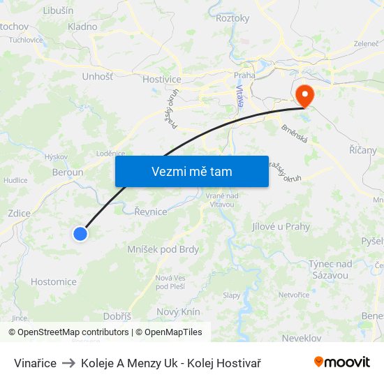 Vinařice to Koleje A Menzy Uk - Kolej Hostivař map