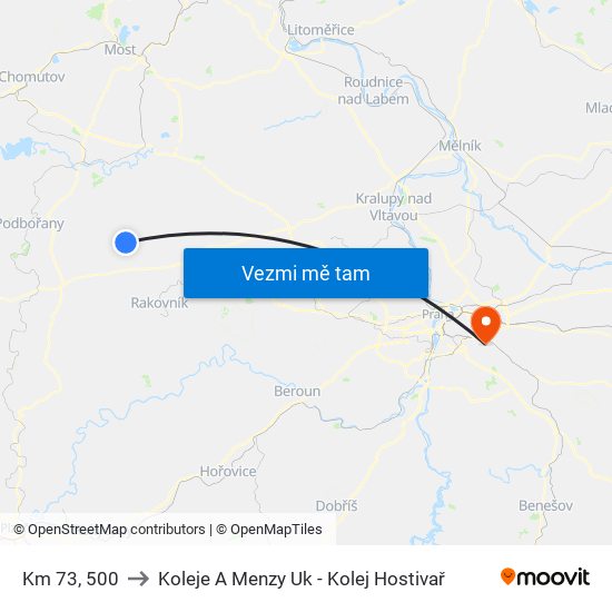 Km 73, 500 to Koleje A Menzy Uk - Kolej Hostivař map