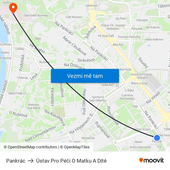 Pankrác to Ústav Pro Péči O Matku A Dítě map