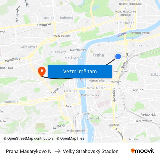 Praha Masarykovo N. to Velký Strahovský Stadion map