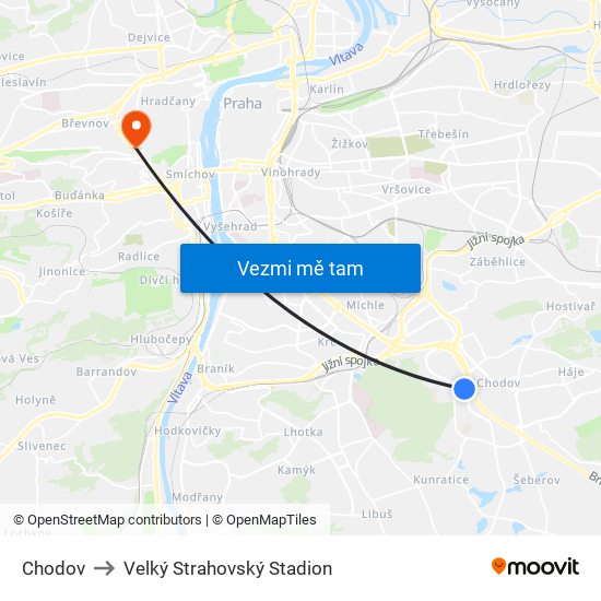 Chodov to Velký Strahovský Stadion map