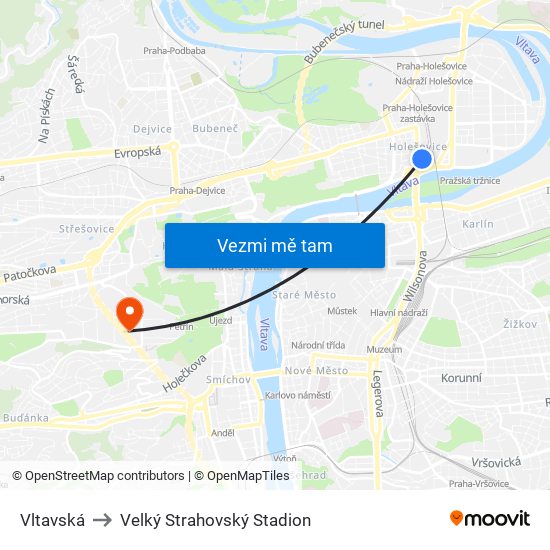 Vltavská to Velký Strahovský Stadion map