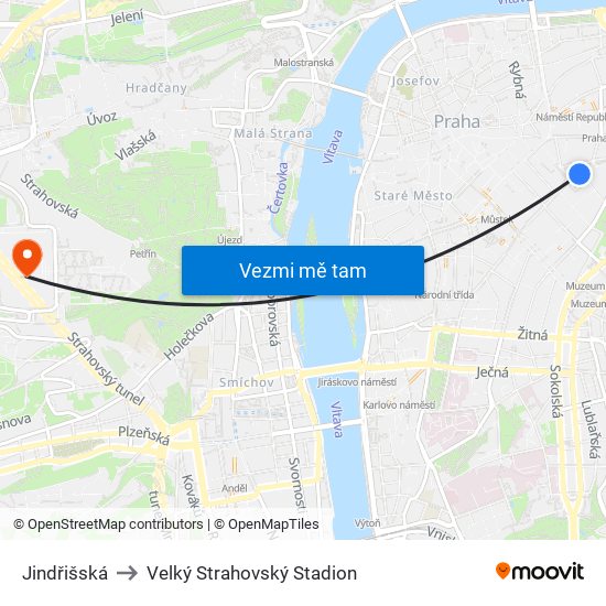 Jindřišská to Velký Strahovský Stadion map