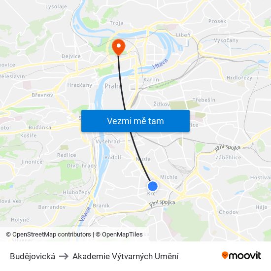 Budějovická to Akademie Výtvarných Umění map