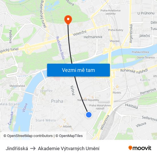 Jindřišská to Akademie Výtvarných Umění map