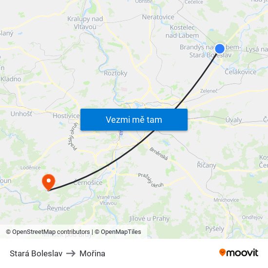 Stará Boleslav to Mořina map