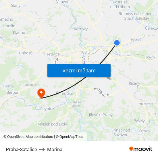 Praha-Satalice to Mořina map