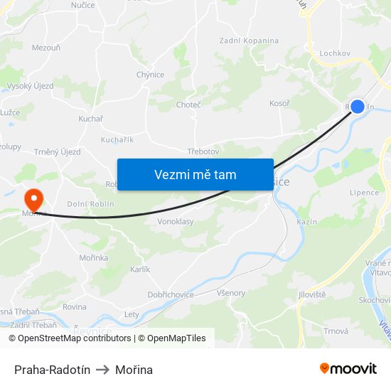 Praha-Radotín to Mořina map