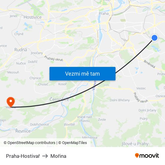 Praha-Hostivař to Mořina map