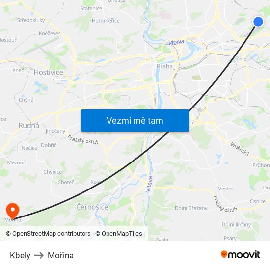 Kbely to Mořina map