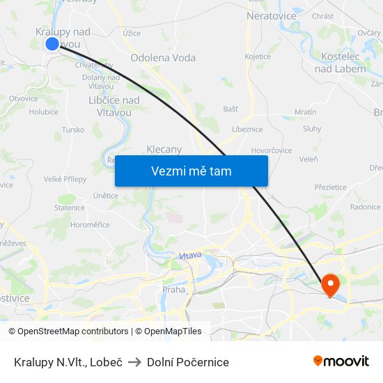 Kralupy N.Vlt., Lobeč (B) to Dolní Počernice map