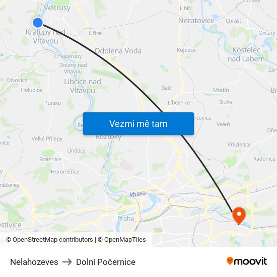 Nelahozeves (B) to Dolní Počernice map