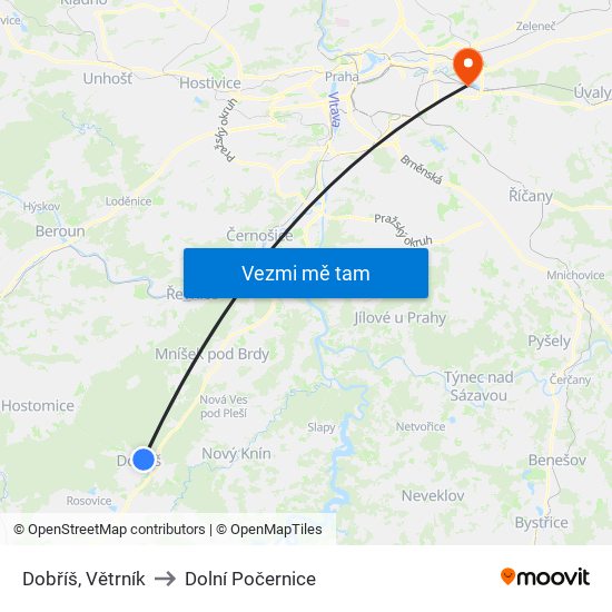 Dobříš, Větrník (A) to Dolní Počernice map