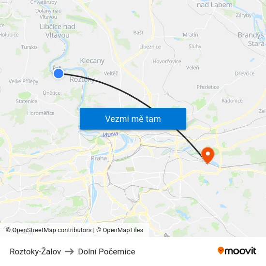 Roztoky-Žalov to Dolní Počernice map