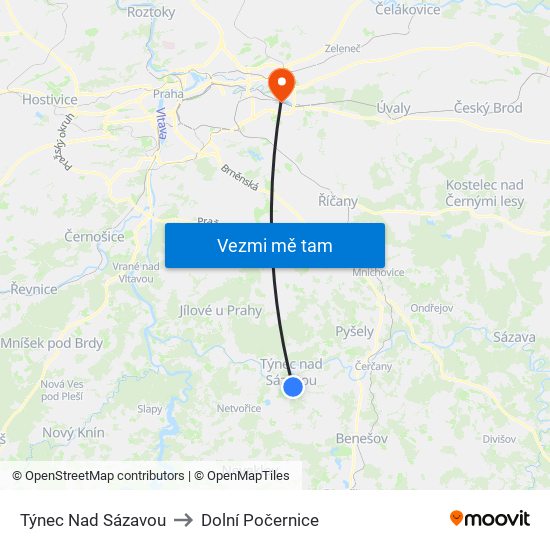 Týnec Nad Sázavou to Dolní Počernice map