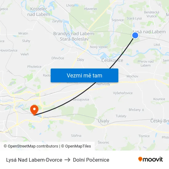 Lysá Nad Labem-Dvorce to Dolní Počernice map