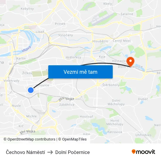 Čechovo Náměstí to Dolní Počernice map