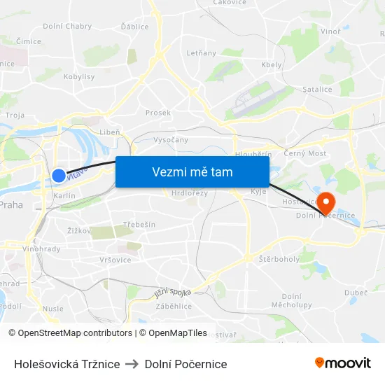 Holešovická Tržnice to Dolní Počernice map