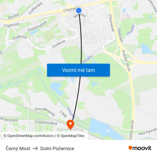 Černý Most to Dolní Počernice map