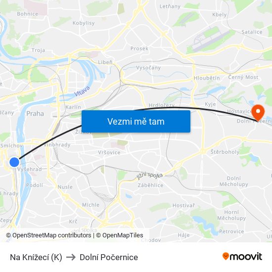 Na Knížecí (K) to Dolní Počernice map