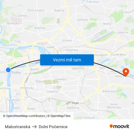 Malostranská to Dolní Počernice map