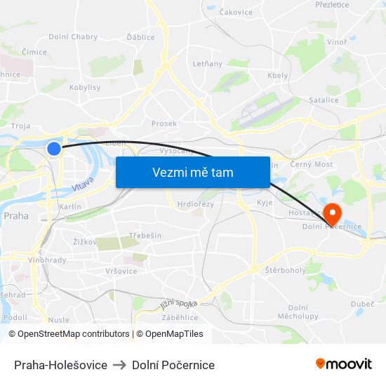 Praha-Holešovice to Dolní Počernice map